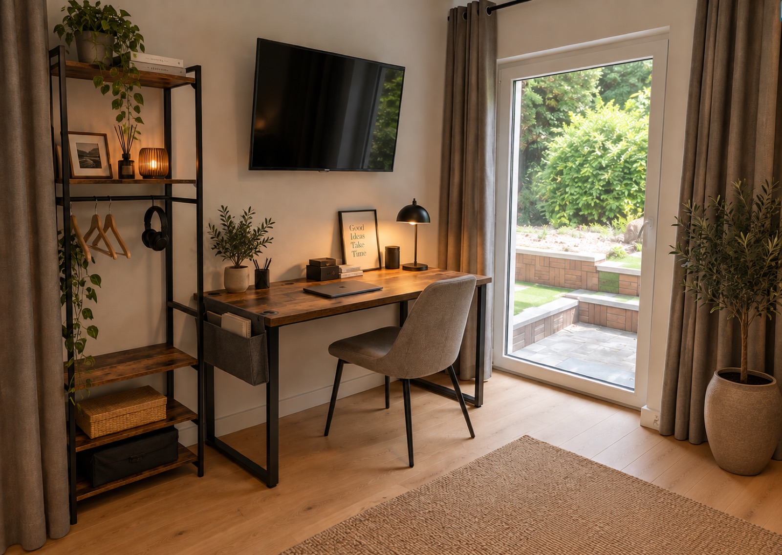 Arbeitsplatz mit Blick auf Terrasse und Garten, Apartment DOM