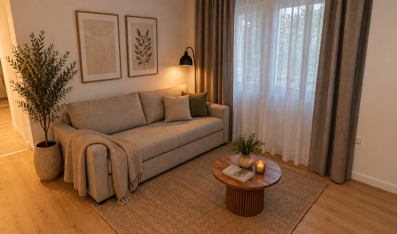 Wohnbereich mit Schlafsofa und rundem Couchtisch, Apartment DOM